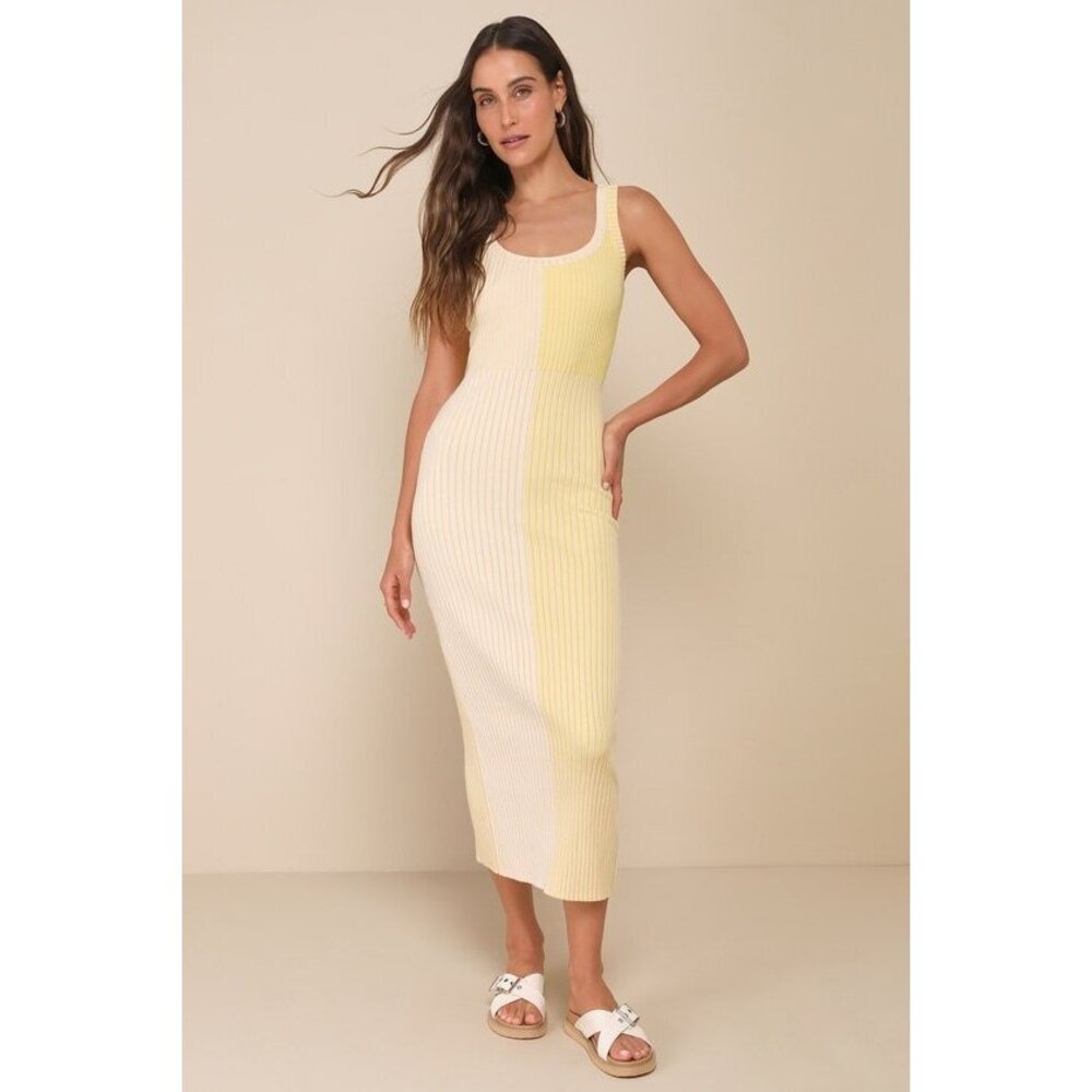 Lulus Radiant Personality Yellow Color Block Ribbed Knit Midi Dress - Size L
